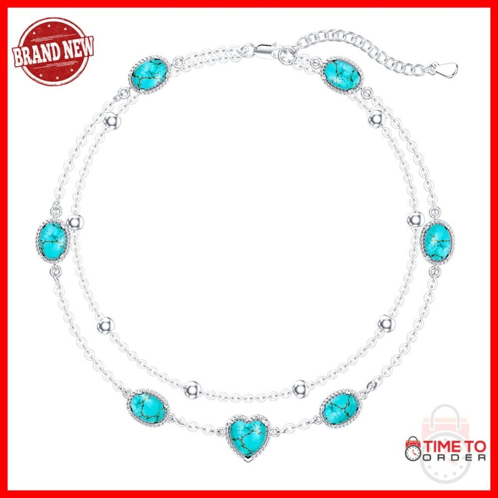 925 Sterling Silver Adjustable Anklet with Turquoise Gemstone Layered Foot